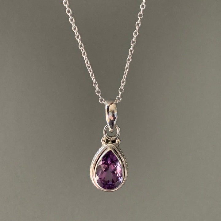 Faceted Amethyst Teardrop Silver Necklace Pendant