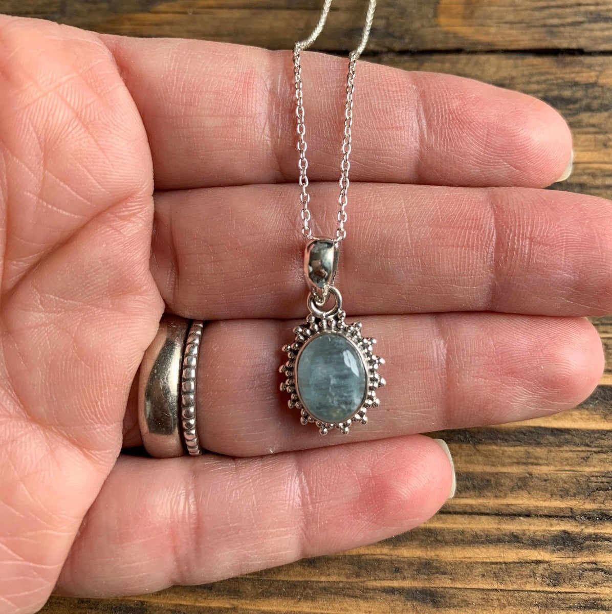 Sterling Silver Oval Starburst Aquamarine Necklace by Springwaves