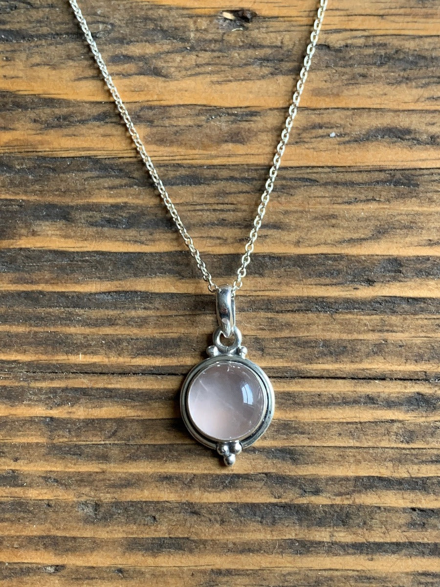 Delicate Round Rose Quartz Pendant Necklace by Springwaves
