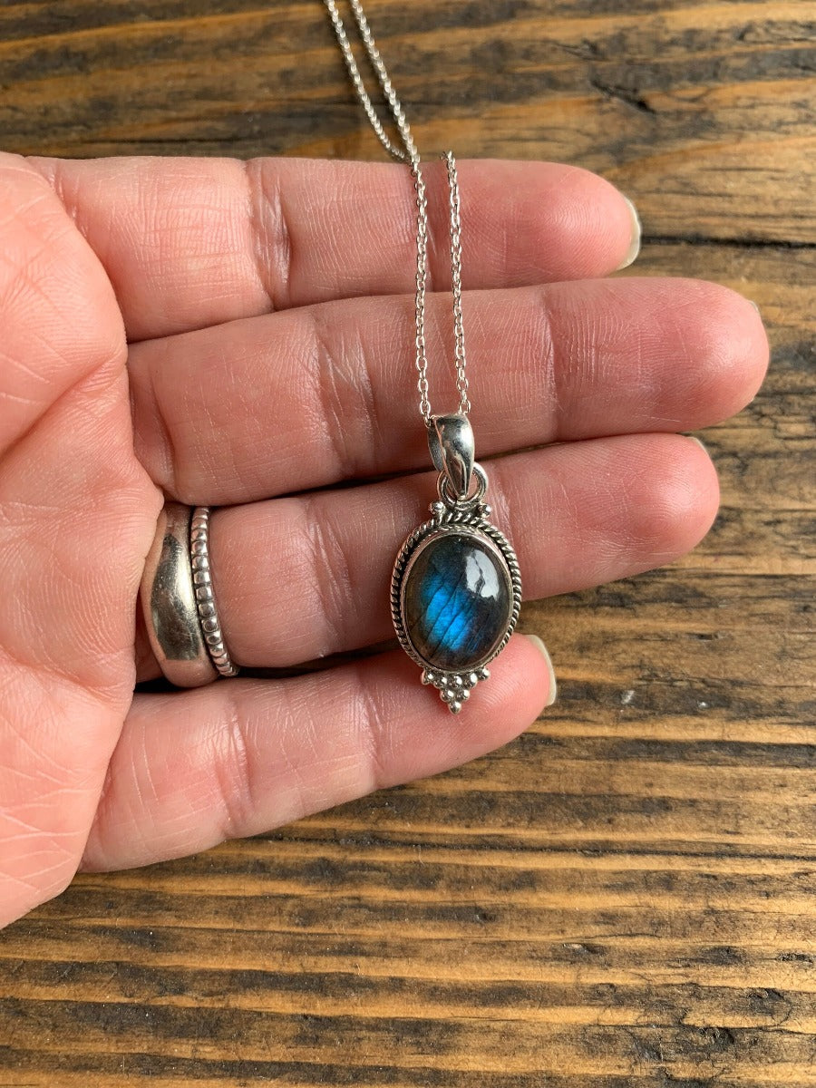 Sterling Silver Oval Labradorite Black Moonstone Necklace by Springwaves