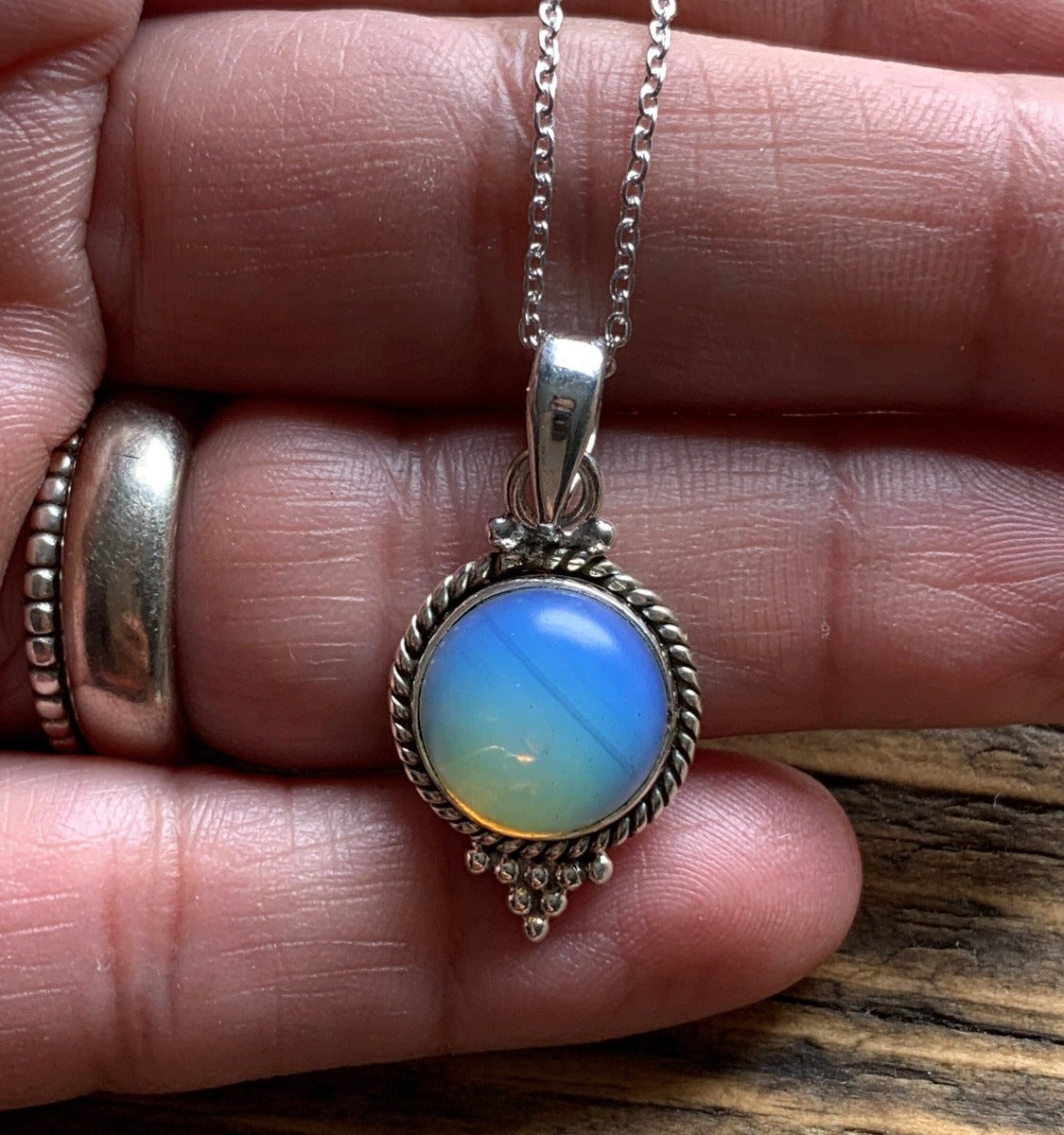 Delicate Boho Opalite Circle Silver Necklace by Springwaves
