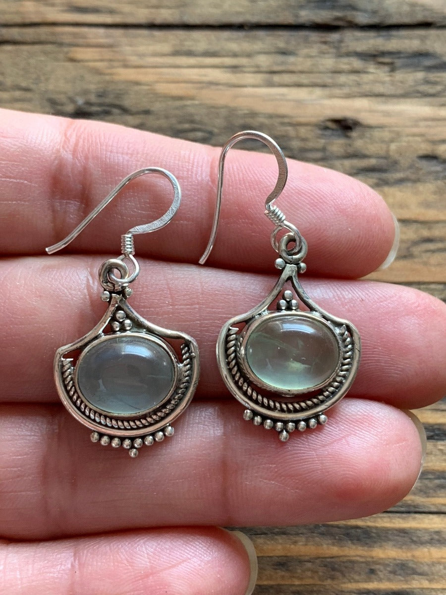 Ornate Prehnite Sterling Silver Drop Earrings by Springwaves