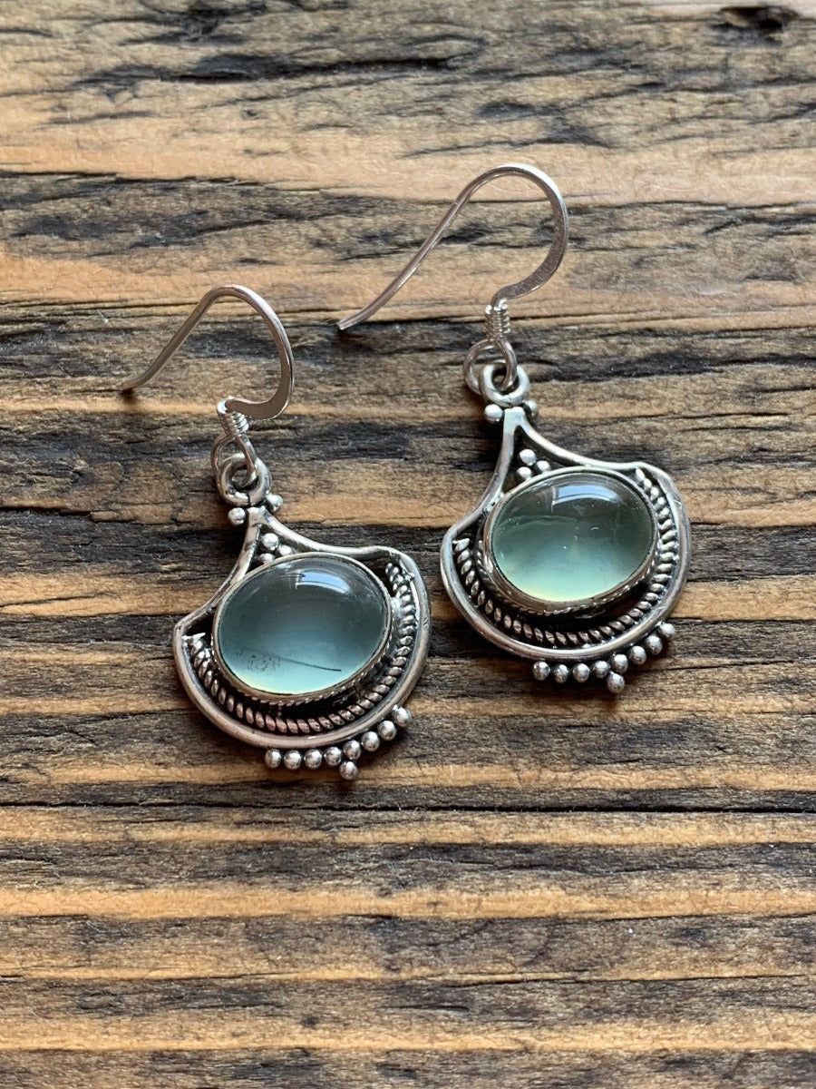 Ornate Prehnite Sterling Silver Drop Earrings by Springwaves