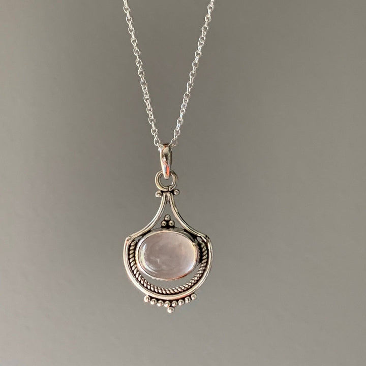 Rose Quartz Vintage Inspired Boho Silver Necklace