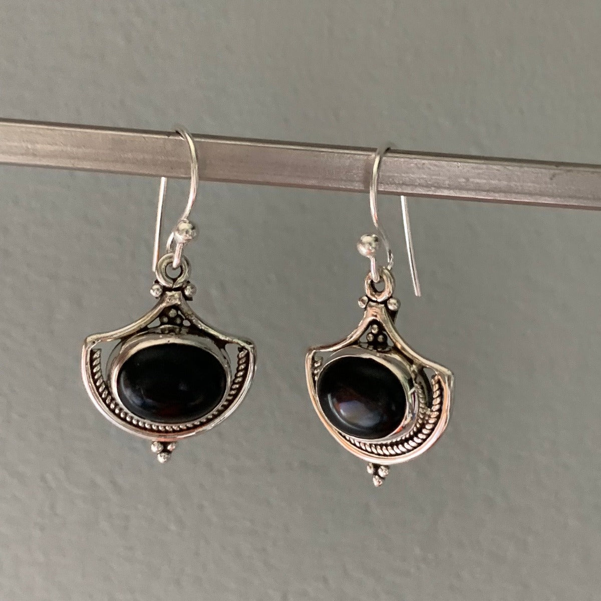 Ornate Black Onyx Sterling Silver Drop Earrings by Springwaves