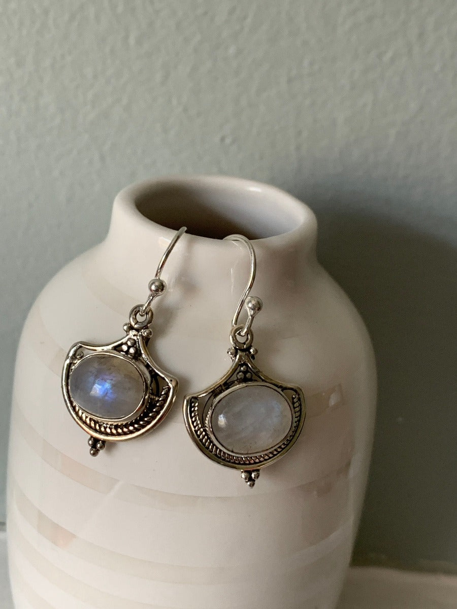 Ornate Rainbow Moonstone Sterling Silver Drop Earrings by Springwaves