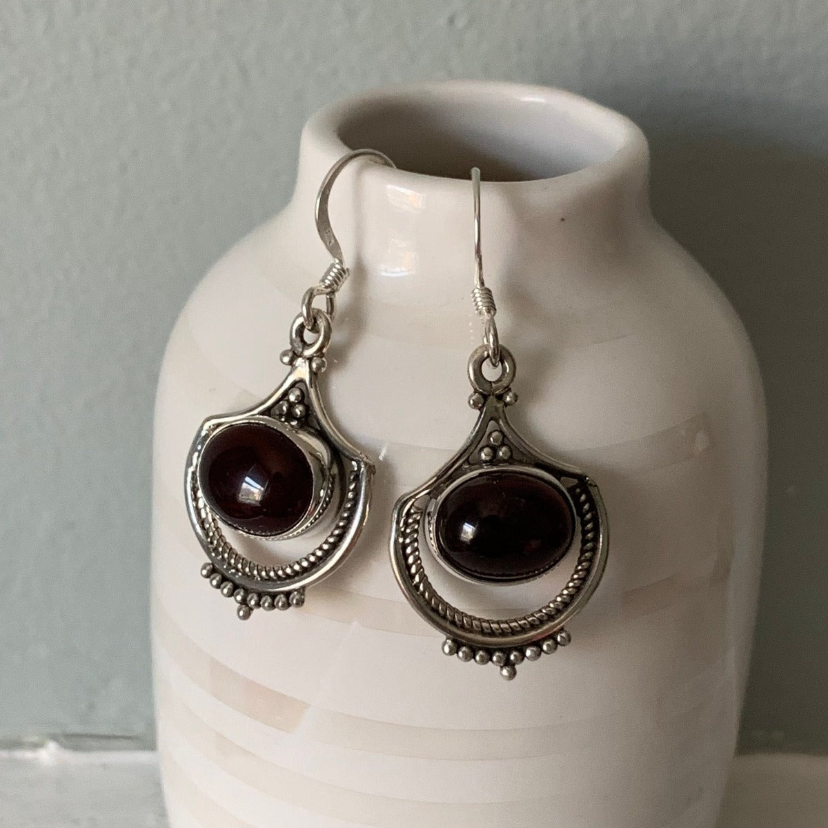 Ornate Garnet Sterling Silver Drop Earrings by Springwaves