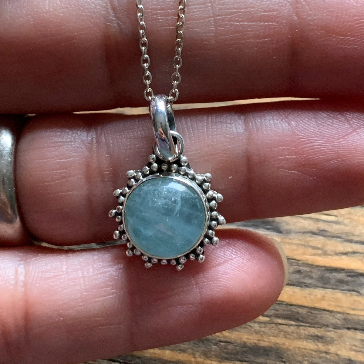 Sterling Silver Sunburst Aquamarine Necklace by Springwaves