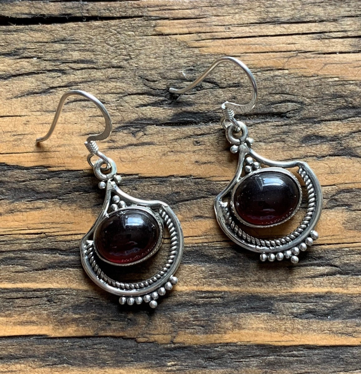 Ornate Garnet Sterling Silver Drop Earrings by Springwaves