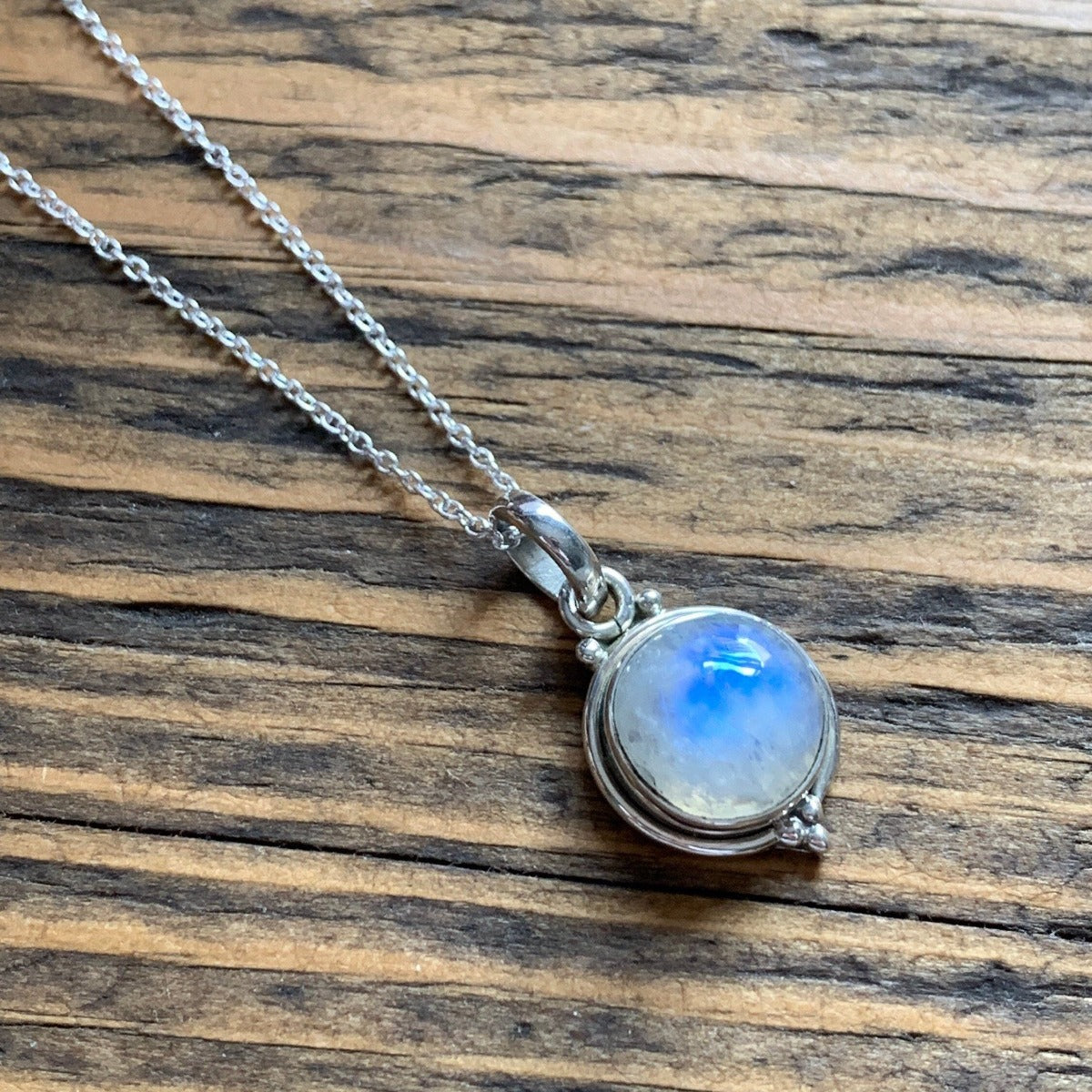 Delicate Round Rainbow Moonstone Silver Necklace by Springwaves