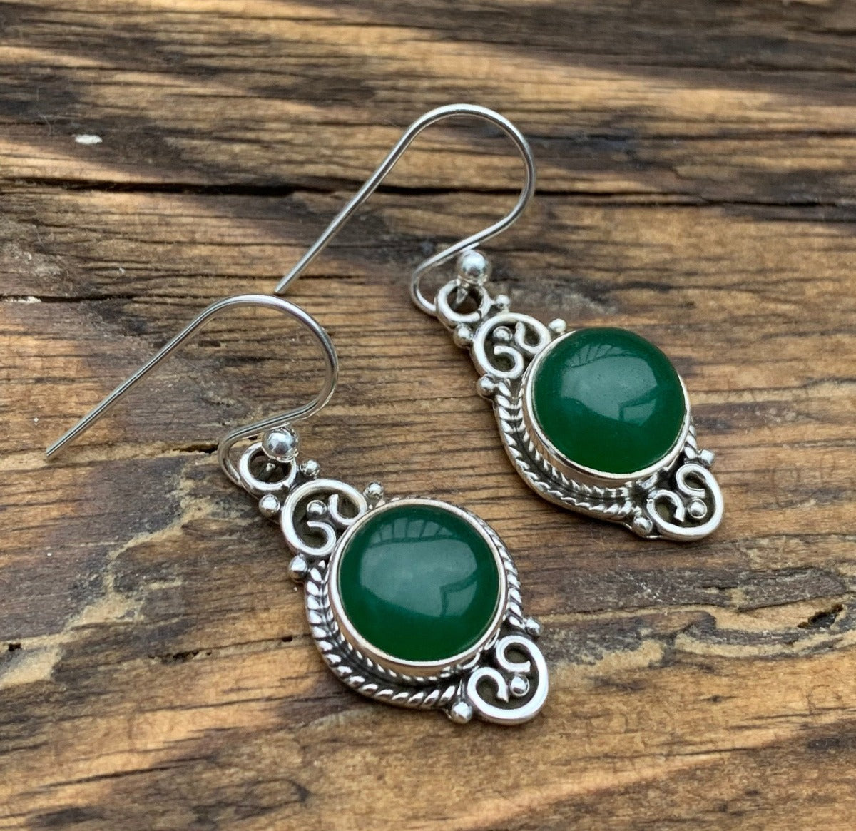Delicate Ornate Silver Green Onyx Drop Earrings by Springwaves