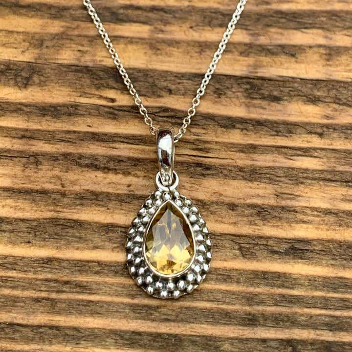 Silver Framed Faceted Citrine Teardrop Necklace
