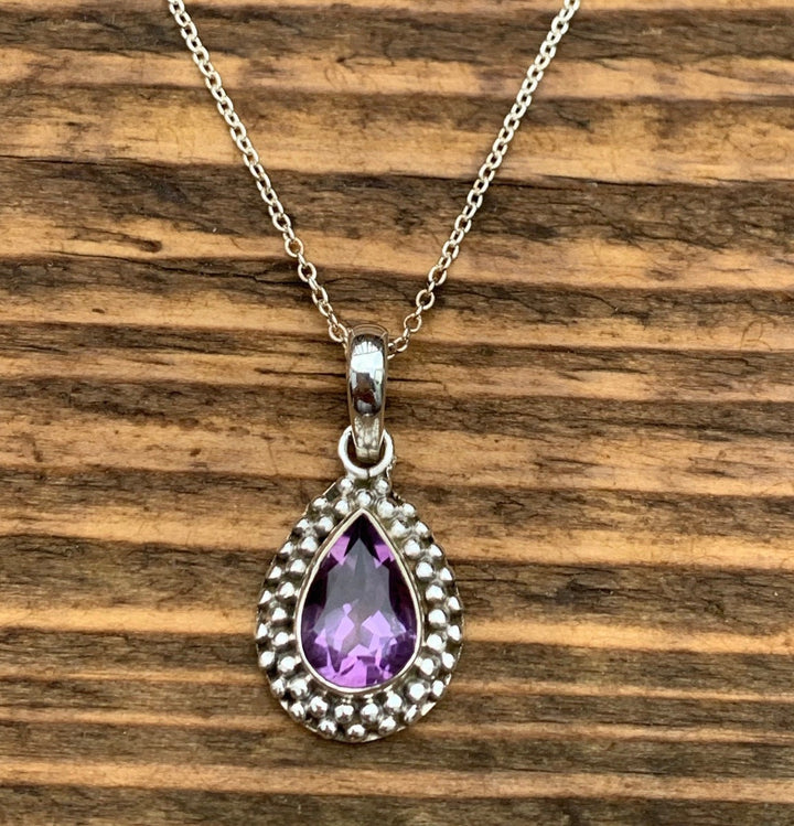 Silver Faceted Amethyst Teardrop Necklace