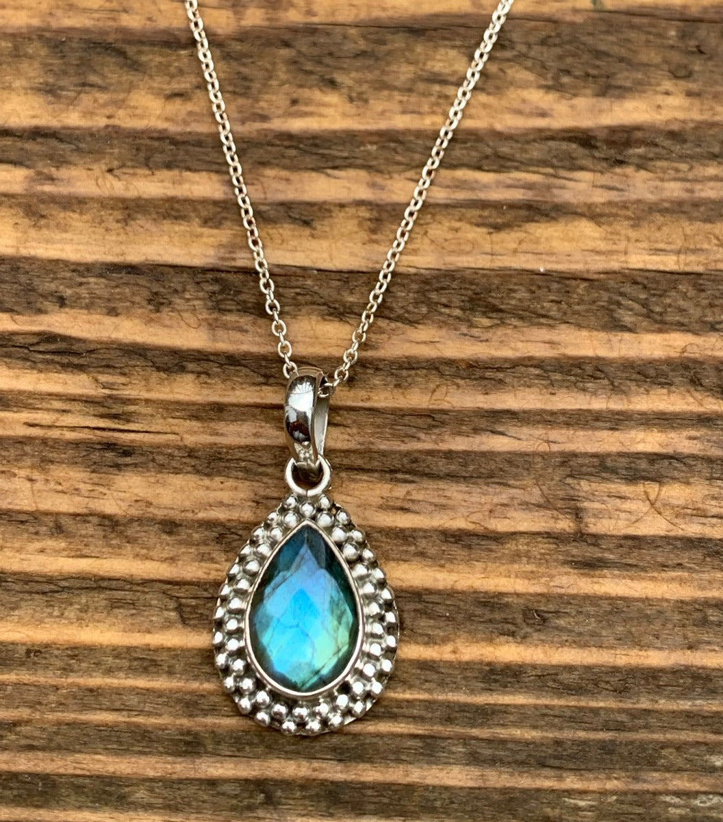 Faceted Labradorite Teardrop Silver Boho Necklace by Springwaves