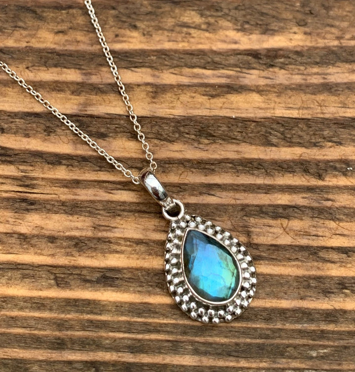 Silver Framed Faceted Labradorite Teardrop Necklace