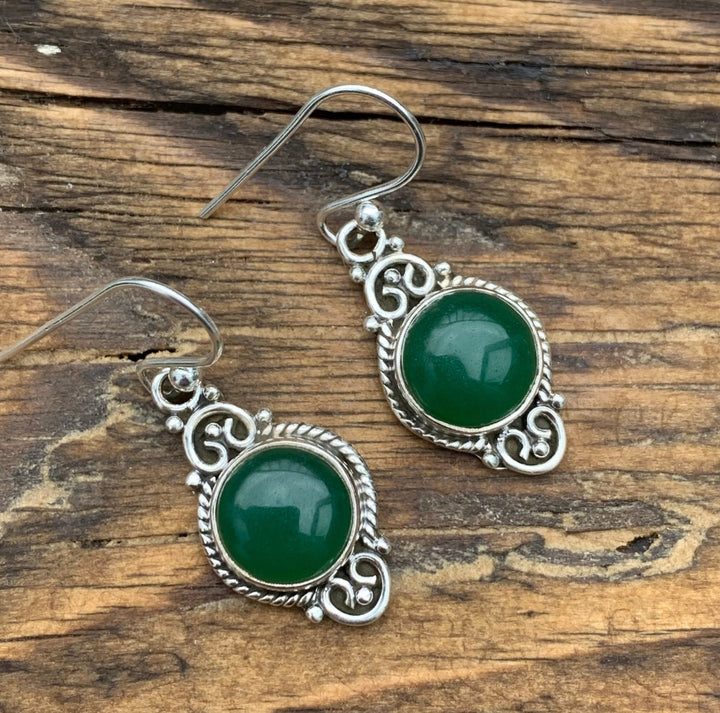 Green Onyx Vintage Scroll Silver Drop Earrings