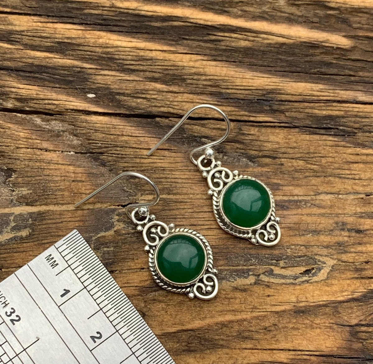 Delicate Ornate Silver Green Onyx Drop Earrings by Springwaves