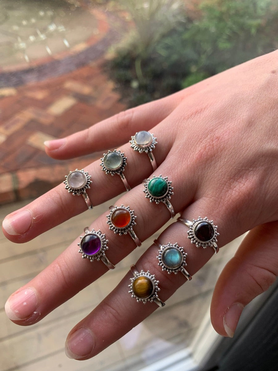 Sunburst Silver Ring with Gemstone & Size Options by Springwaves