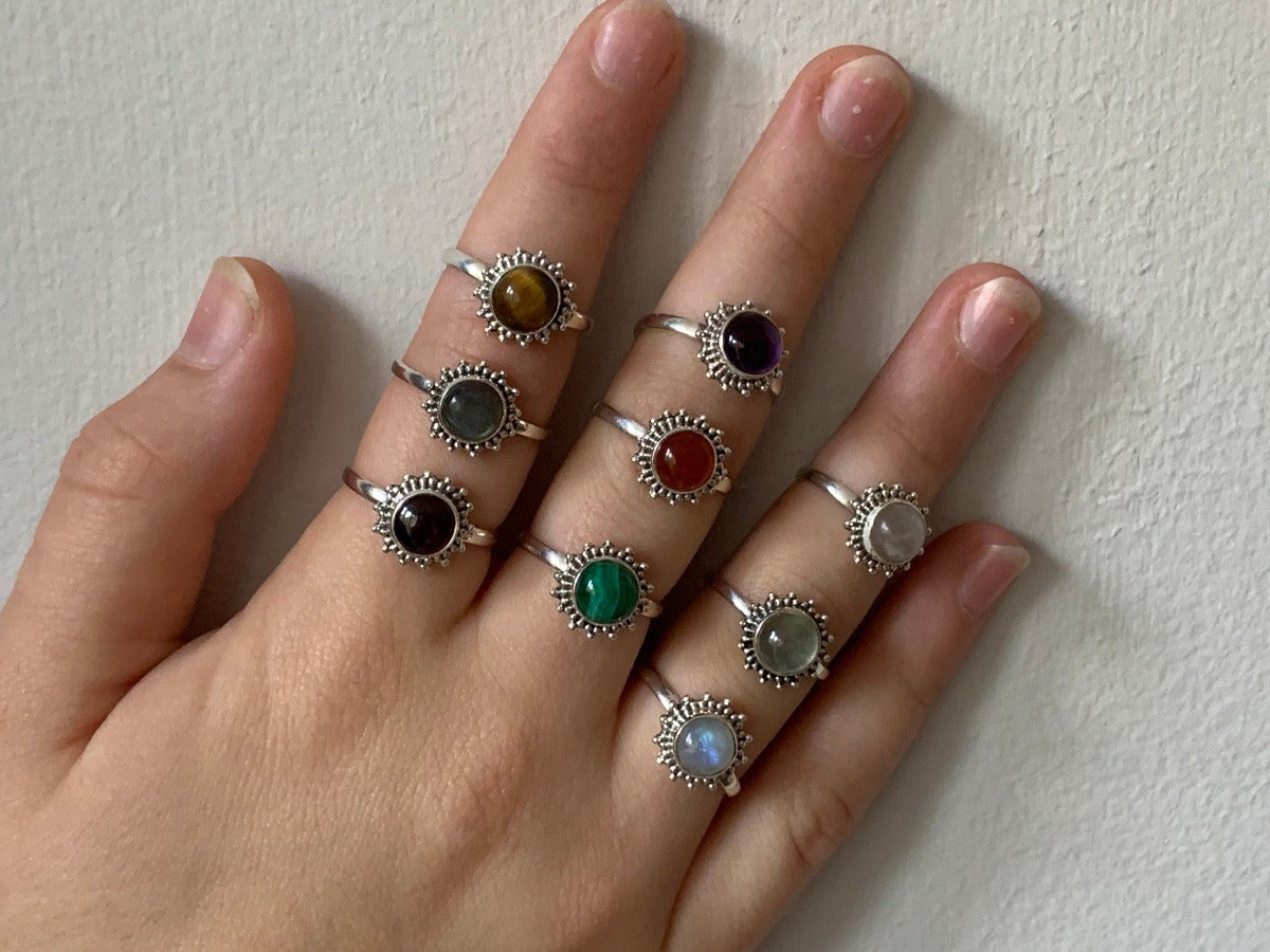 Sunburst Silver Ring with Gemstone & Size Options by Springwaves
