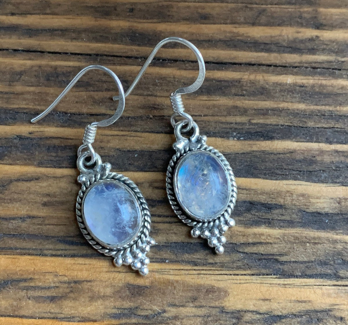 Sterling Silver with Rainbow Moonstone Delicate Dangle Earrings by Springwaves