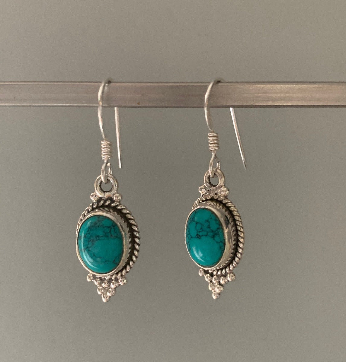 Silver Turquoise Oval Delicate Dangle Earrings by Springwaves