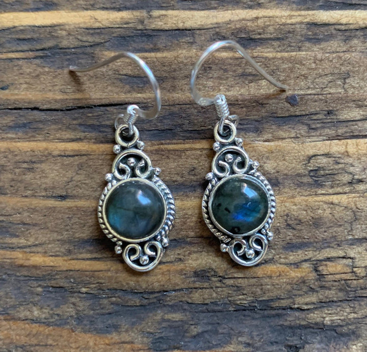 Labradorite Vintage Scroll Silver Drop Earrings