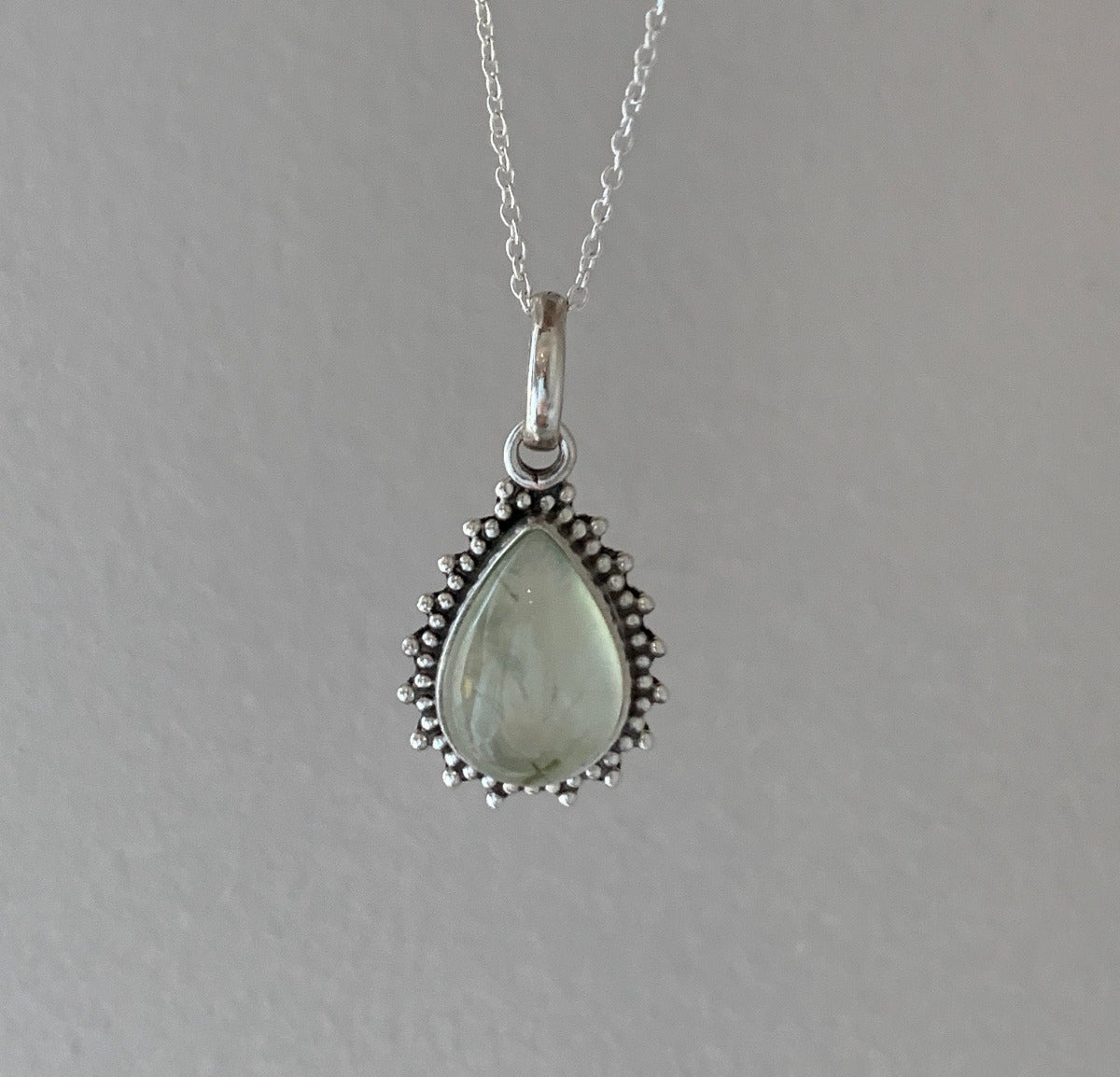 Prehnite Silver Boho Teardrop Necklace by Springwaves
