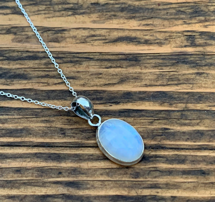 Classic Rainbow Moonstone Oval Sterling Silver Necklace