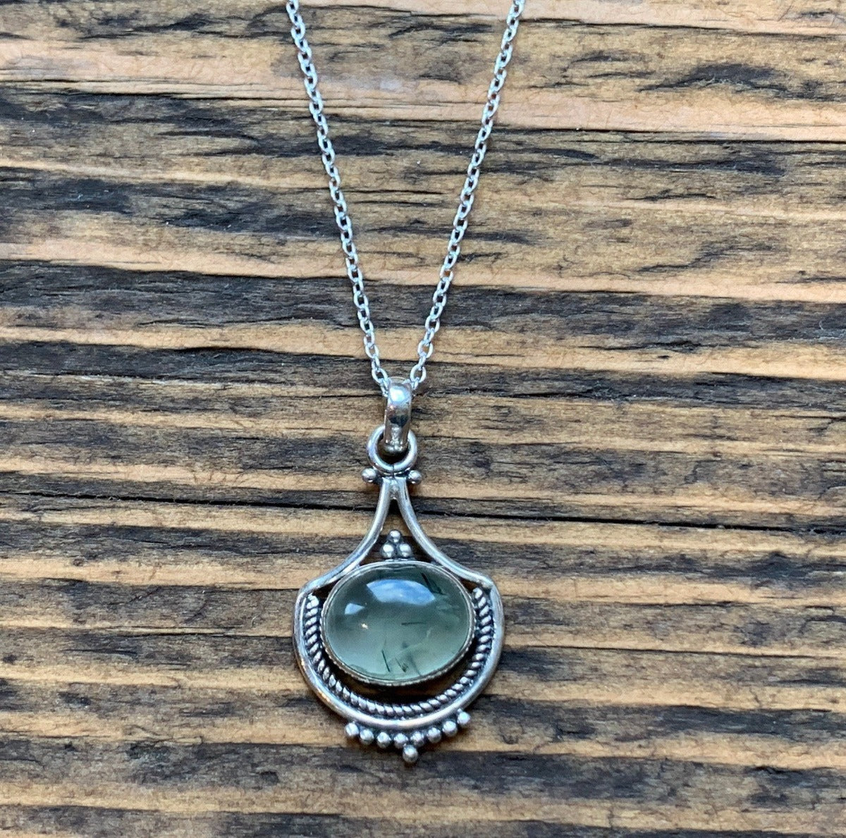 Prehnite Intricate Design Boho Silver Necklace by Springwaves