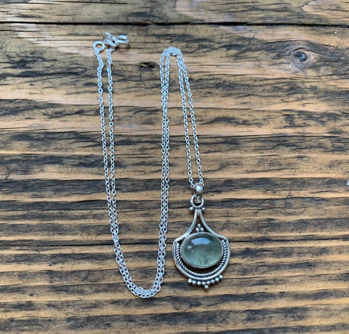 Prehnite Intricate Design Boho Silver Necklace by Springwaves