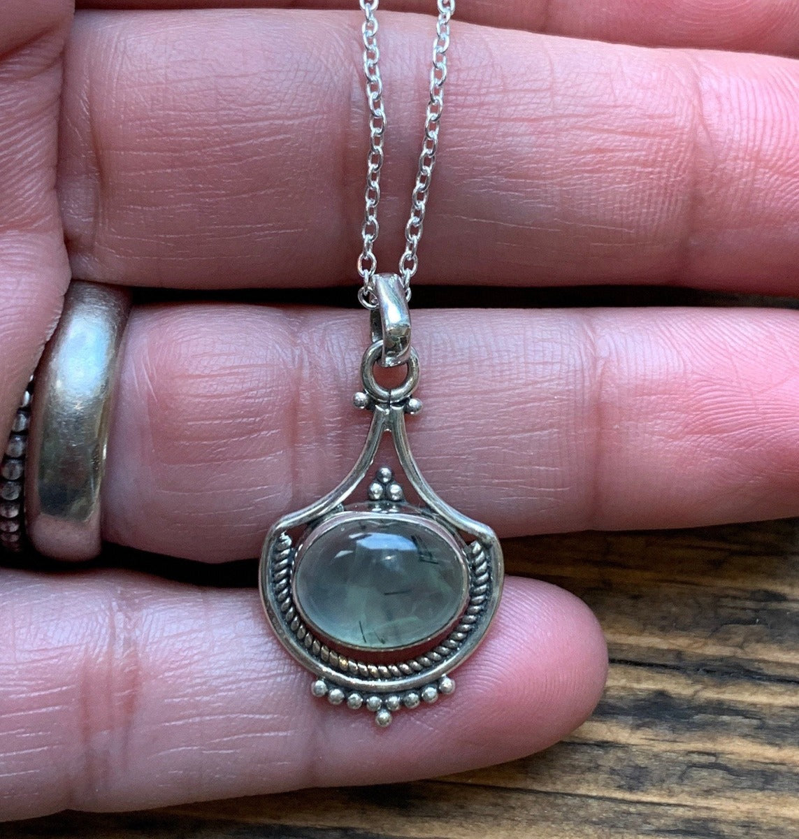 Prehnite Intricate Design Boho Silver Necklace by Springwaves