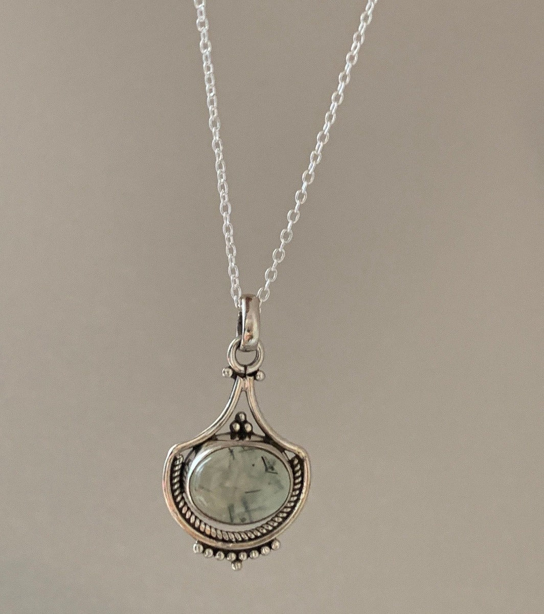 Prehnite Intricate Design Boho Silver Necklace by Springwaves