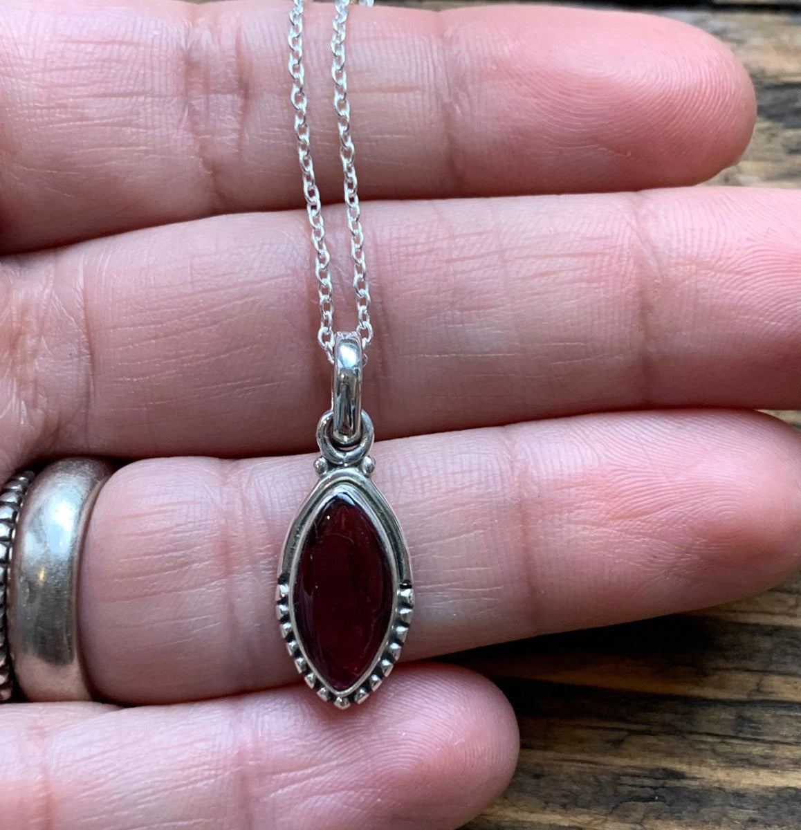 Sterling Silver Almond Garnet Necklace by Springwaves