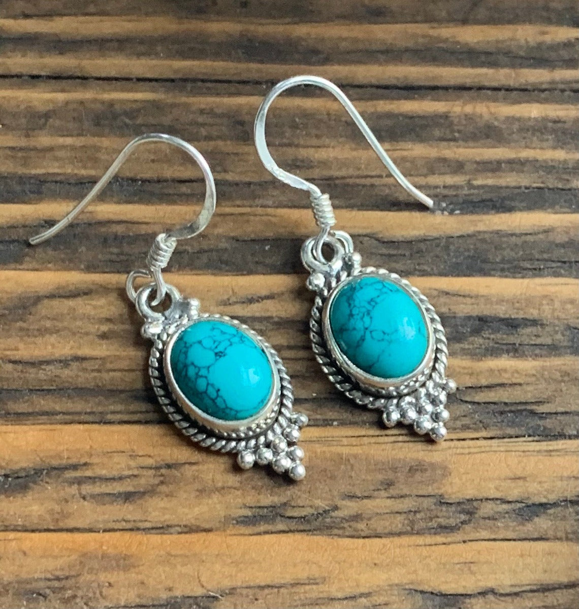 Silver Turquoise Oval Delicate Dangle Earrings by Springwaves