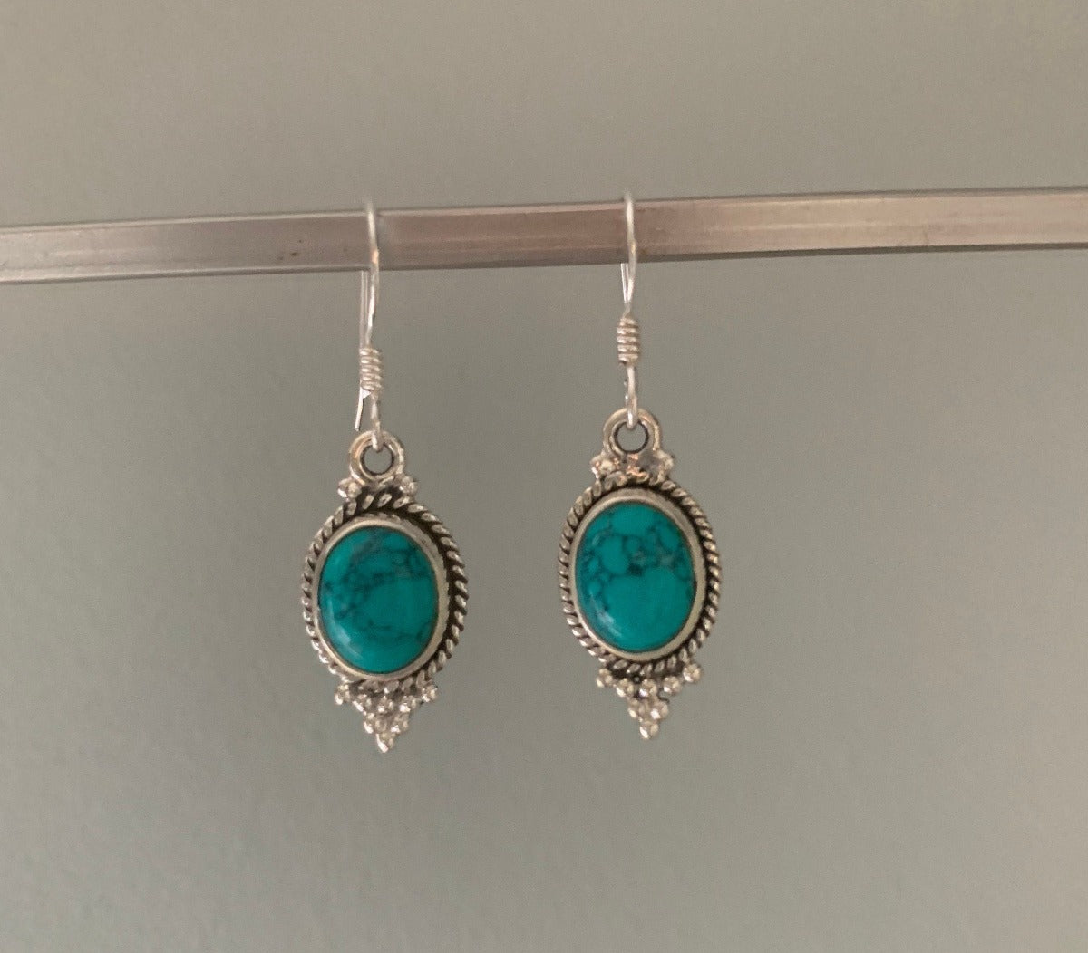 Silver Turquoise Oval Delicate Dangle Earrings by Springwaves