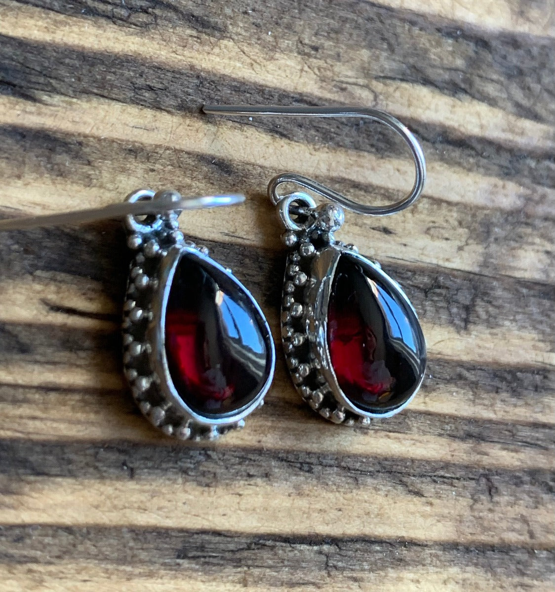 Chunky Boho Silver Garnet Teardrop Earrings by Springwaves