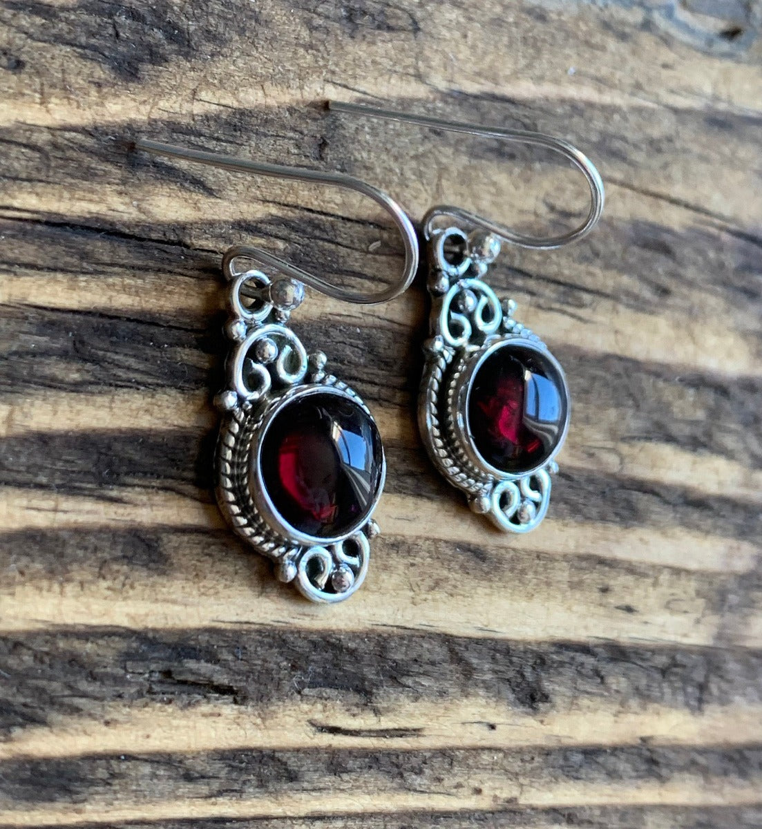 Delicate Ornate Silver Garnet Drop Earrings by Springwaves