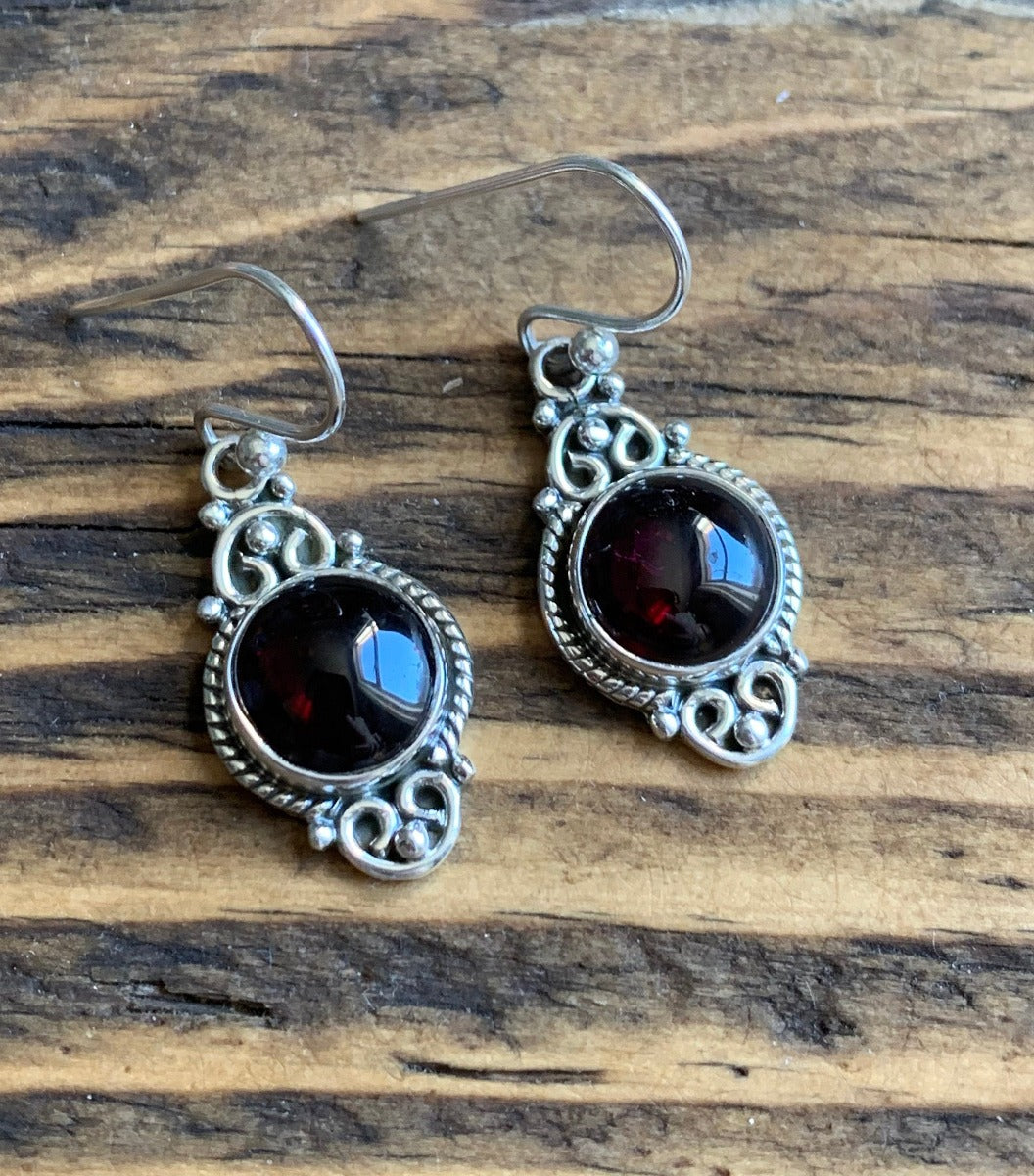 Delicate Ornate Silver Garnet Drop Earrings by Springwaves