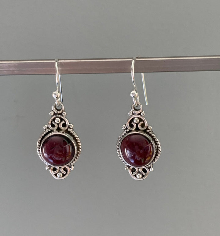 Garnet Vintage Scroll Silver Drop Earrings