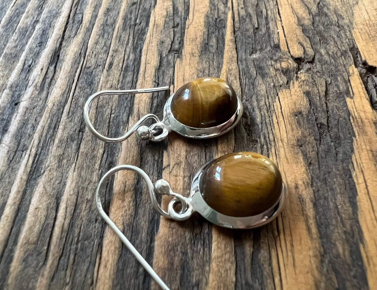 Classic Oval Silver Tiger Eye Drop Earrings by Springwaves