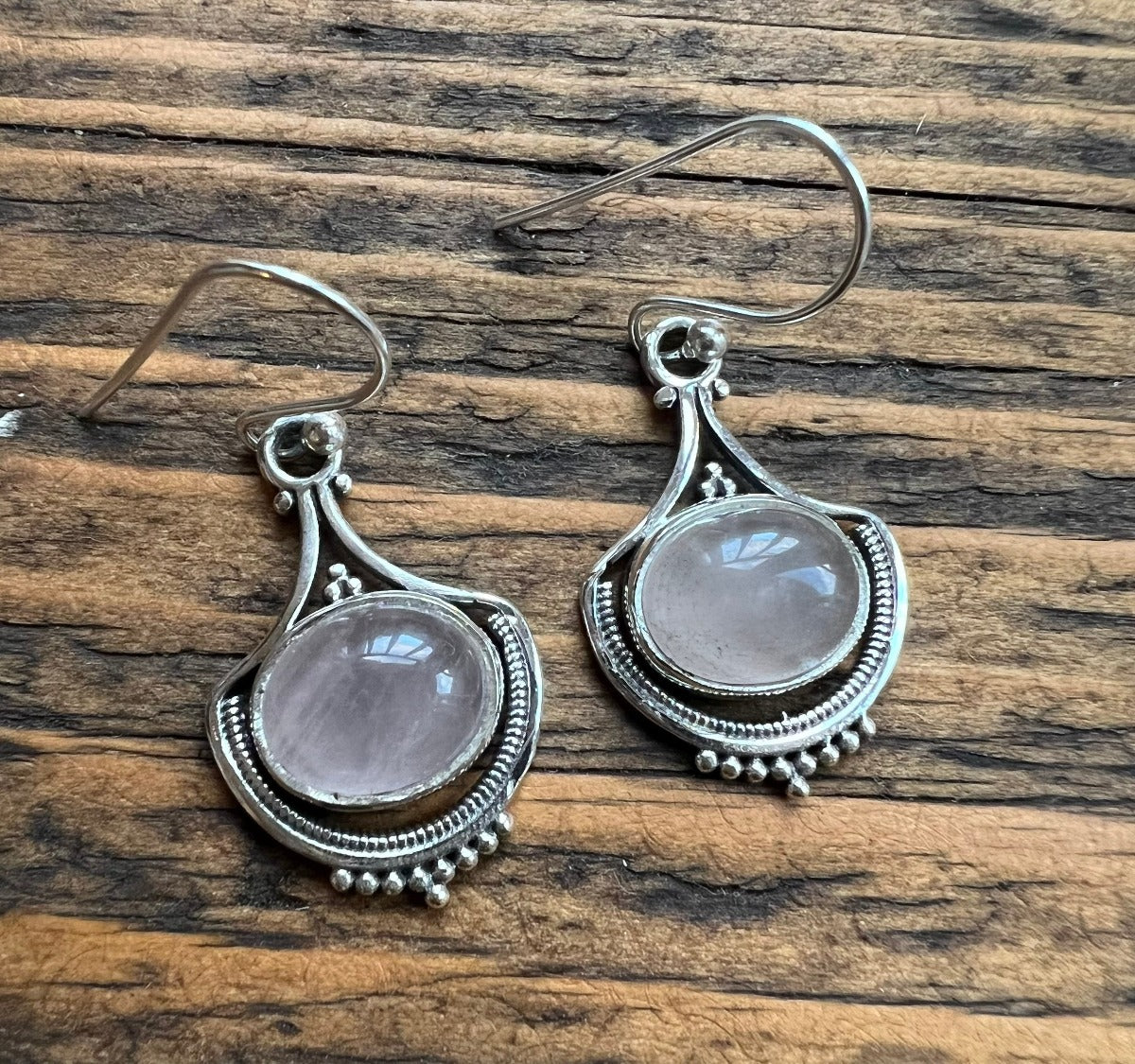 Ornate Rose Quartz Sterling Silver Drop Earrings by Springwaves