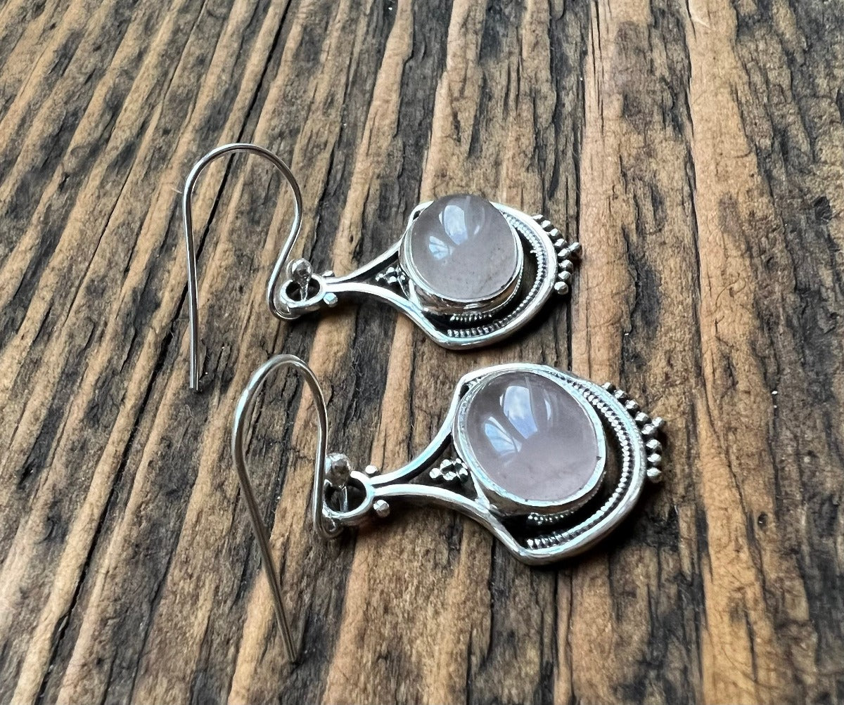 Ornate Rose Quartz Sterling Silver Drop Earrings by Springwaves