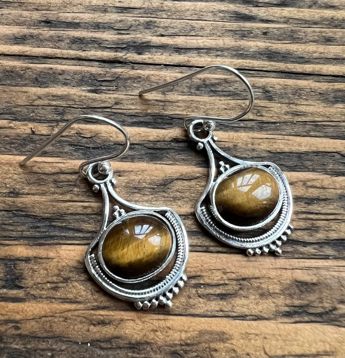 Ornate Tiger Eye Sterling Silver Drop Earrings by Springwaves