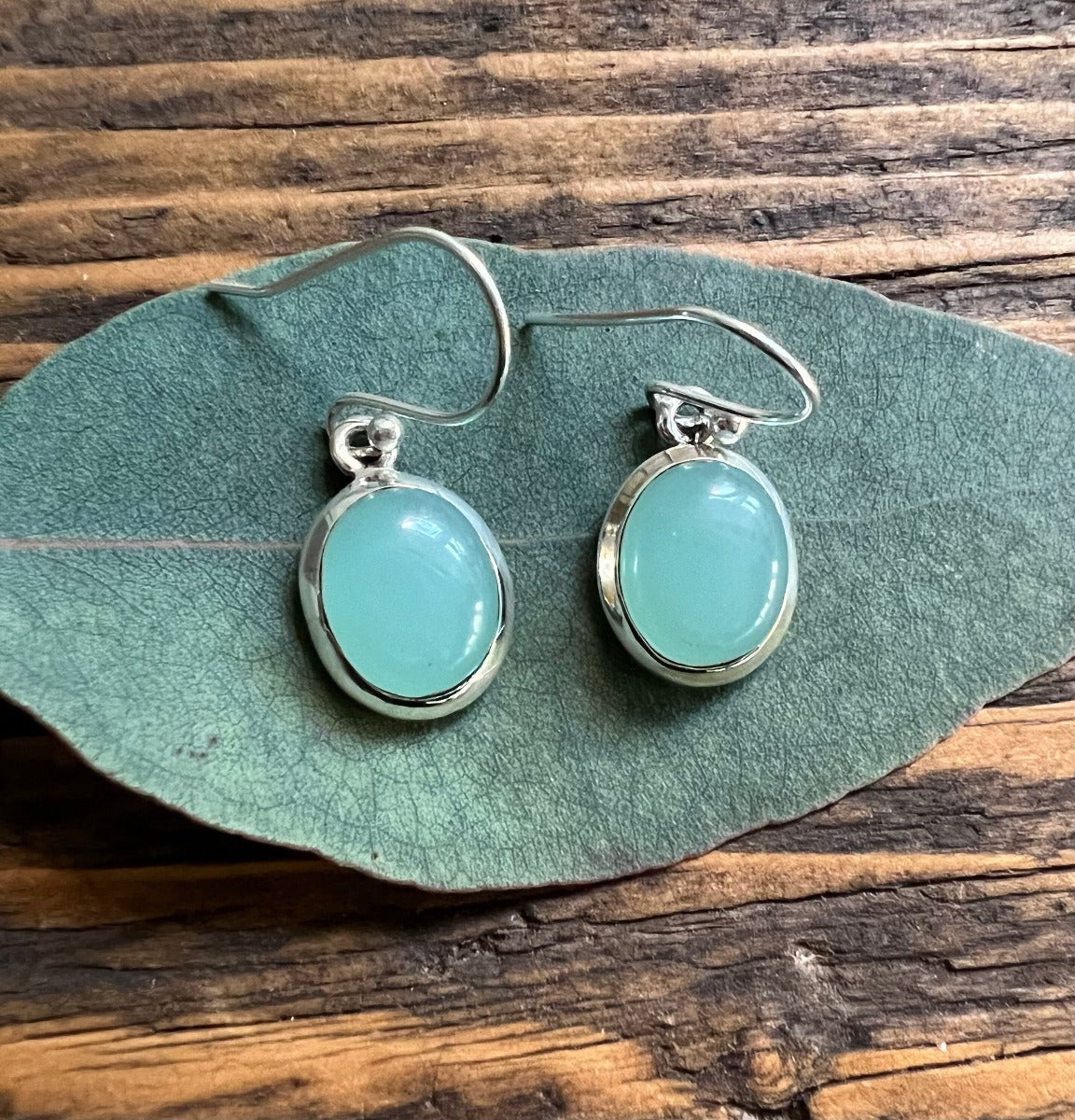 Classic Oval Silver Aqua Chalcedony Drop Earrings by Springwaves