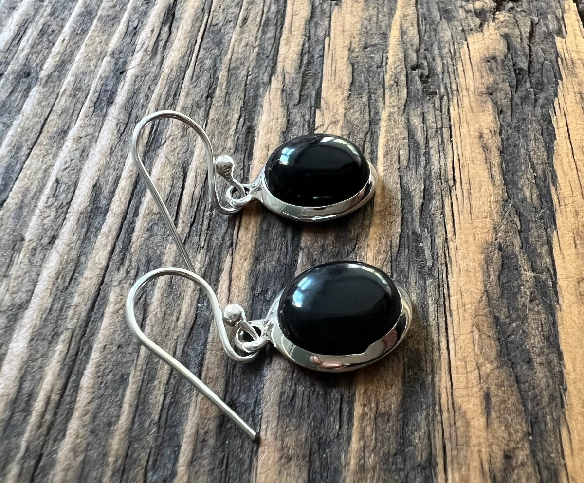 Classic Oval Sterling Silver Black Onyx Drop Earrings by Springwaves