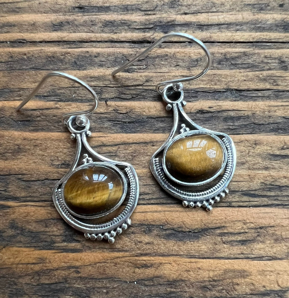 Ornate Tiger Eye Sterling Silver Drop Earrings by Springwaves