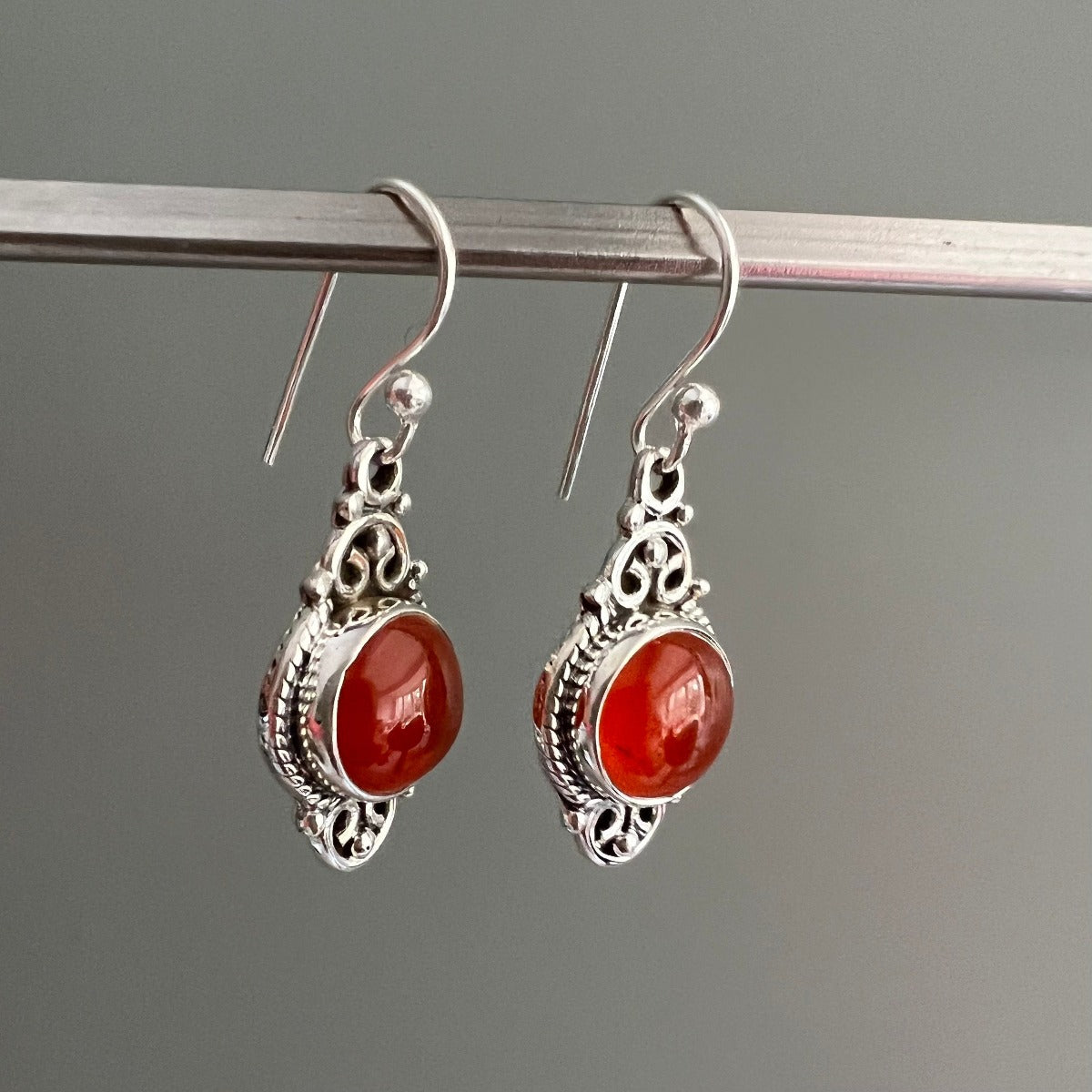 Delicate Ornate Silver Carnelian Drop Earrings by Springwaves