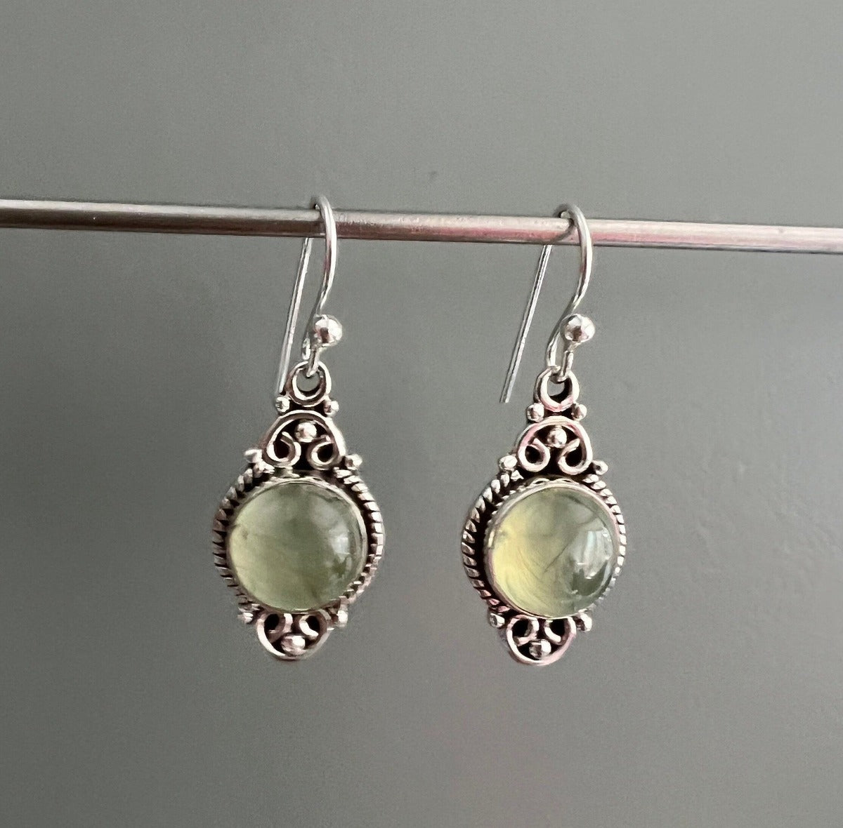 Delicate Ornate Silver Prehnite Drop Earrings by Springwaves