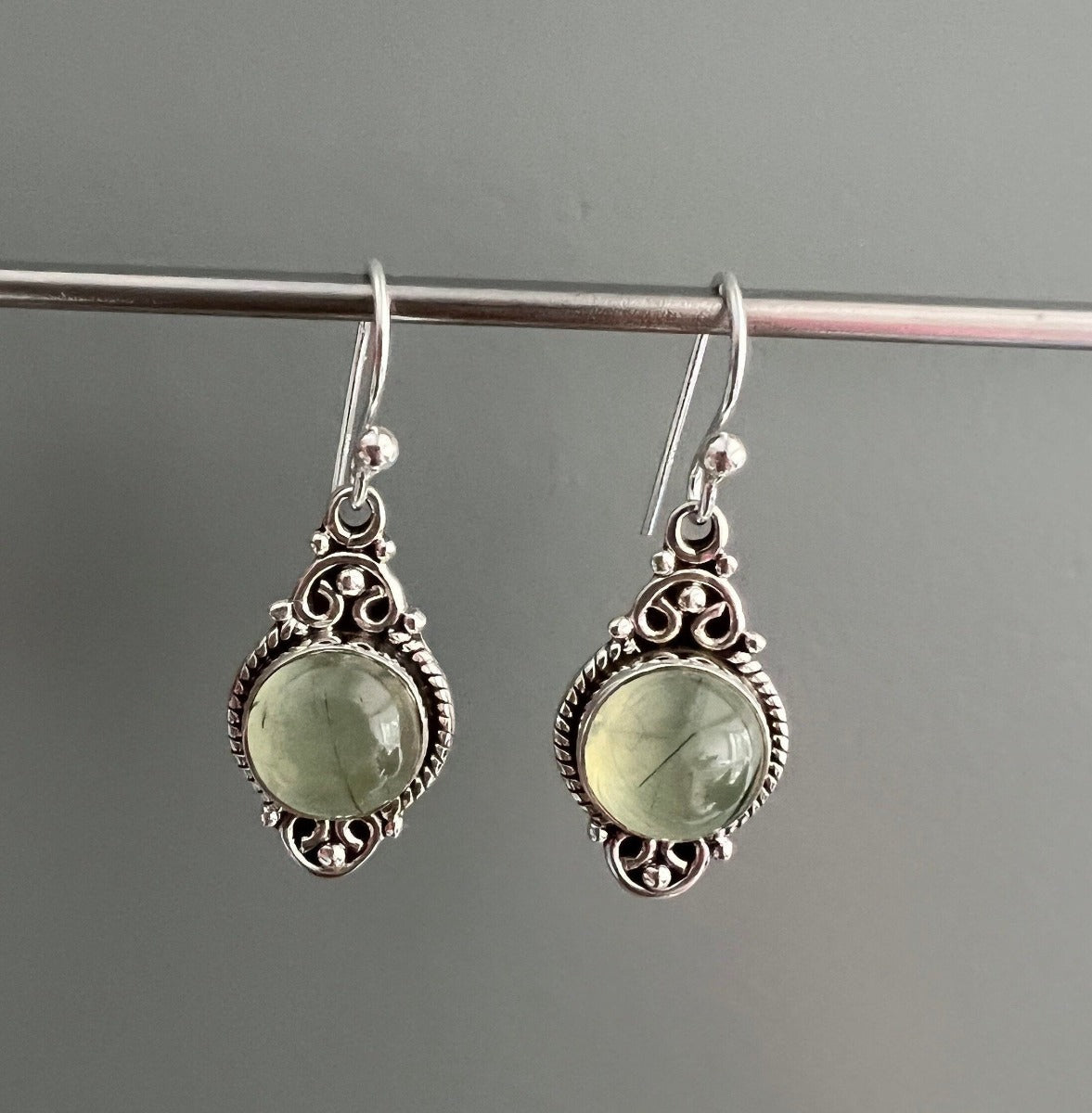 Delicate Ornate Silver Prehnite Drop Earrings by Springwaves