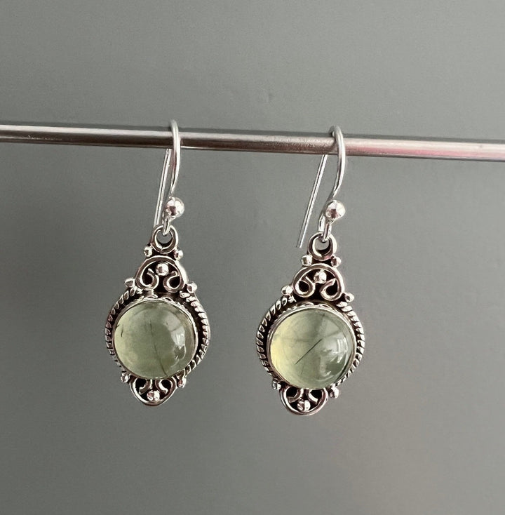 Prehnite Vintage Scroll Silver Drop Earrings